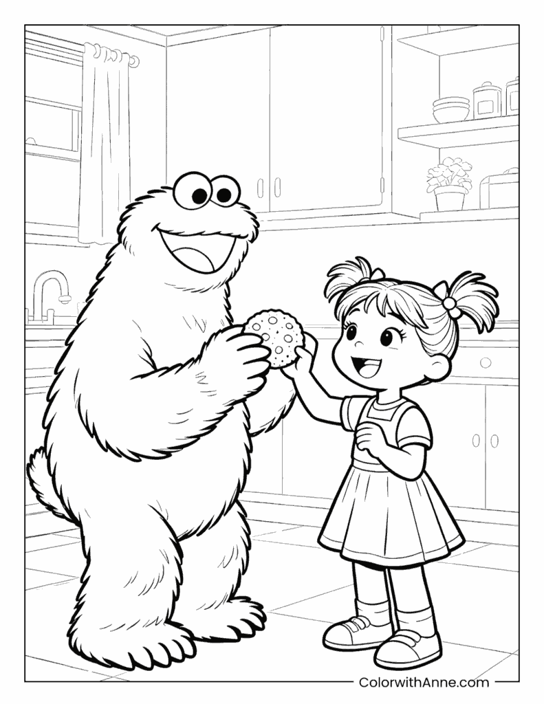 Cookie Monster Sharing Cookies with Girl Coloring Page