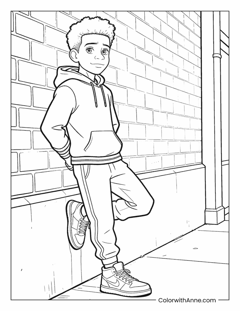 Cool Miles Morales Leaning on a Wall Coloring Page