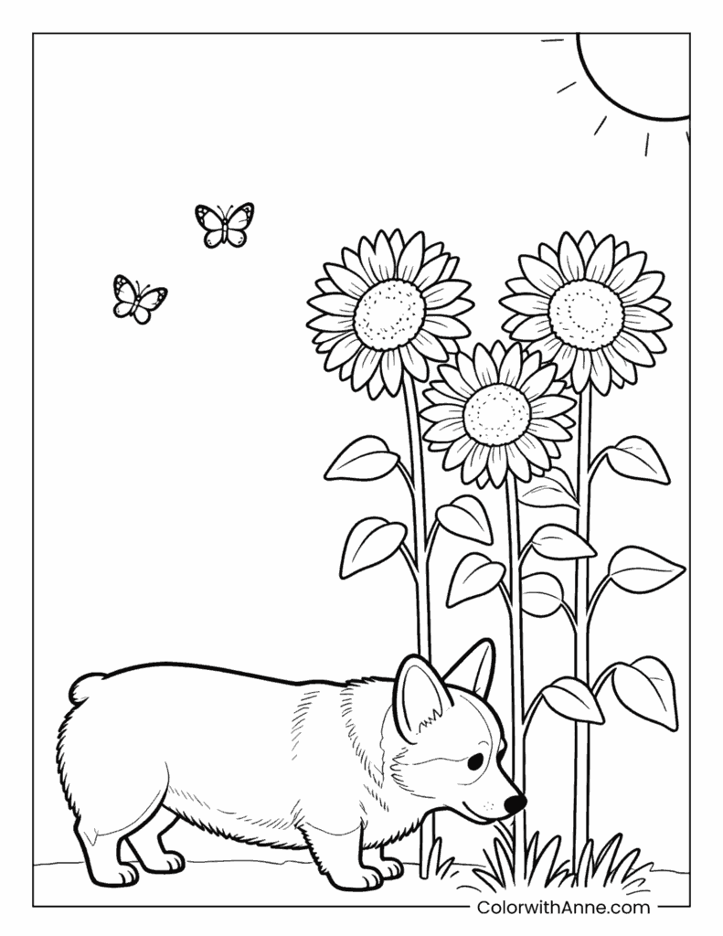 Corgi in Sunflower Field Coloring Page