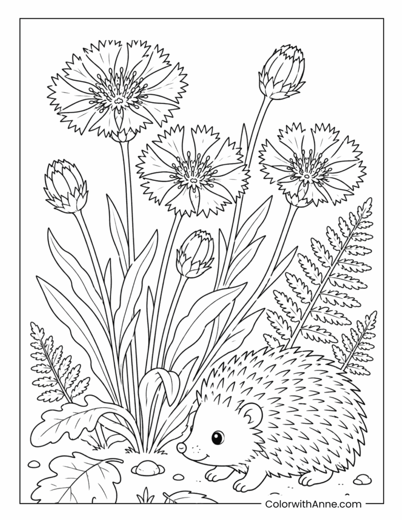 Cornflowers with Cute Hedgehog Coloring Page