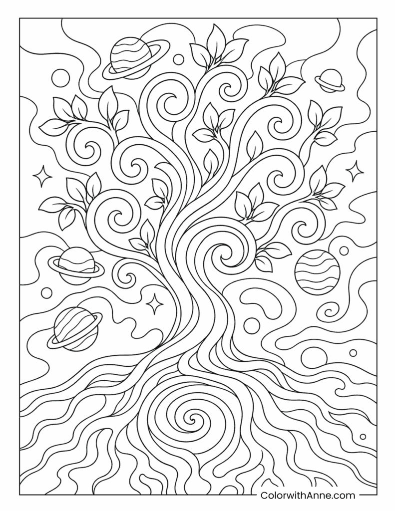Cosmic Tree With Planets Trippy Coloring Page