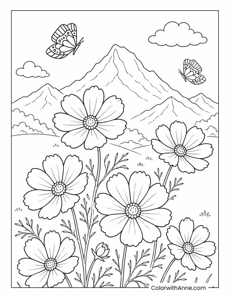 Cosmos Flower Meadow with Butterflies Coloring Page