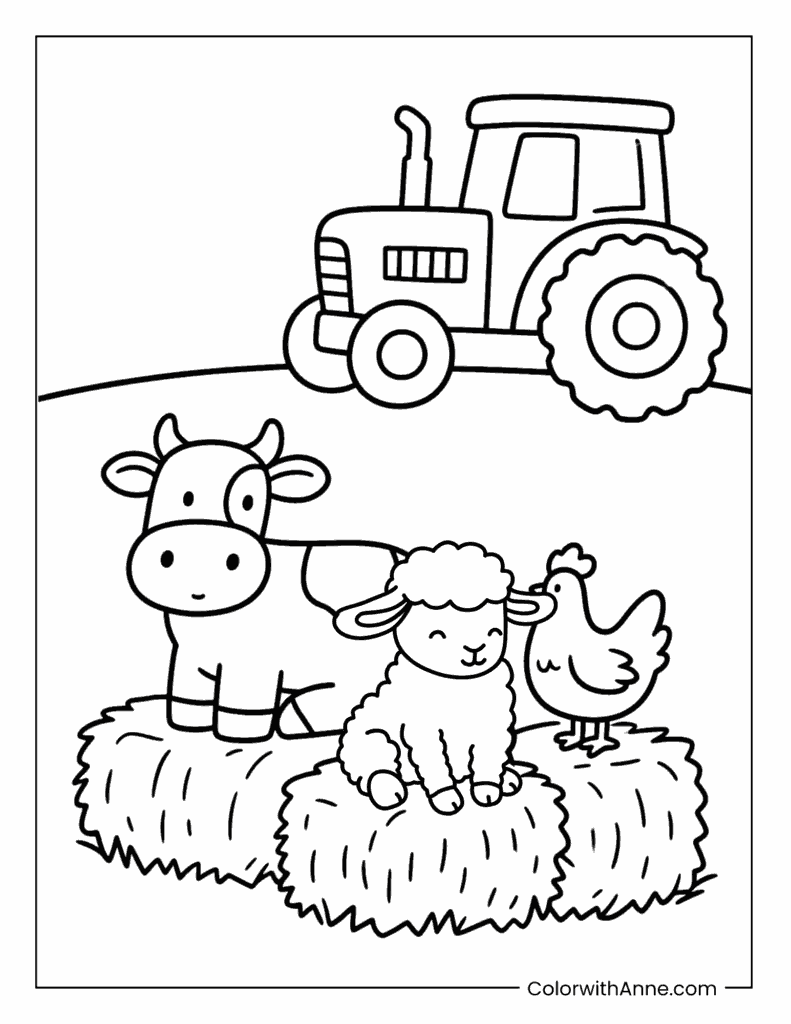 Cow, Sheep, and Chicken Sitting on Hay Bales Coloring Page
