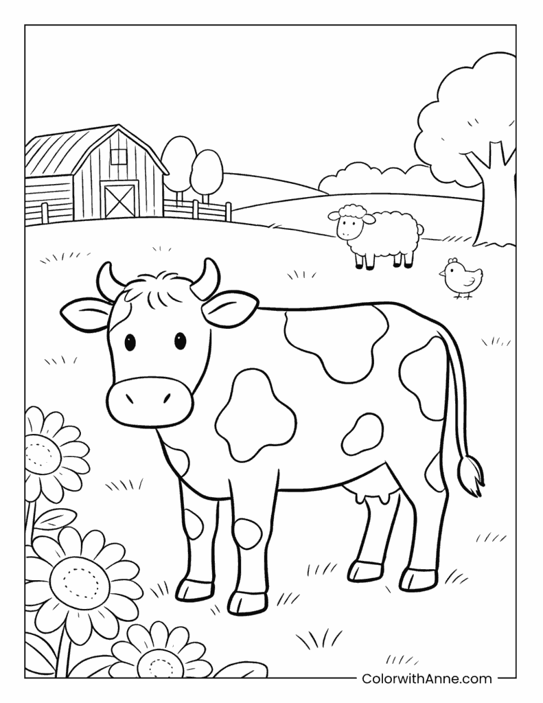 Cow and Friends on the Farm Coloring Page