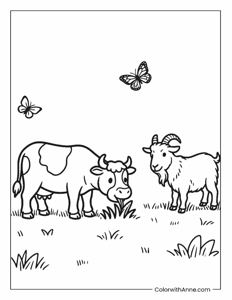 Cow and Goat Munching Grass Coloring Page