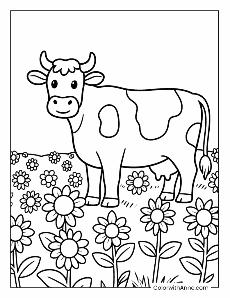 Cow in a Sunflower Field Coloring Page