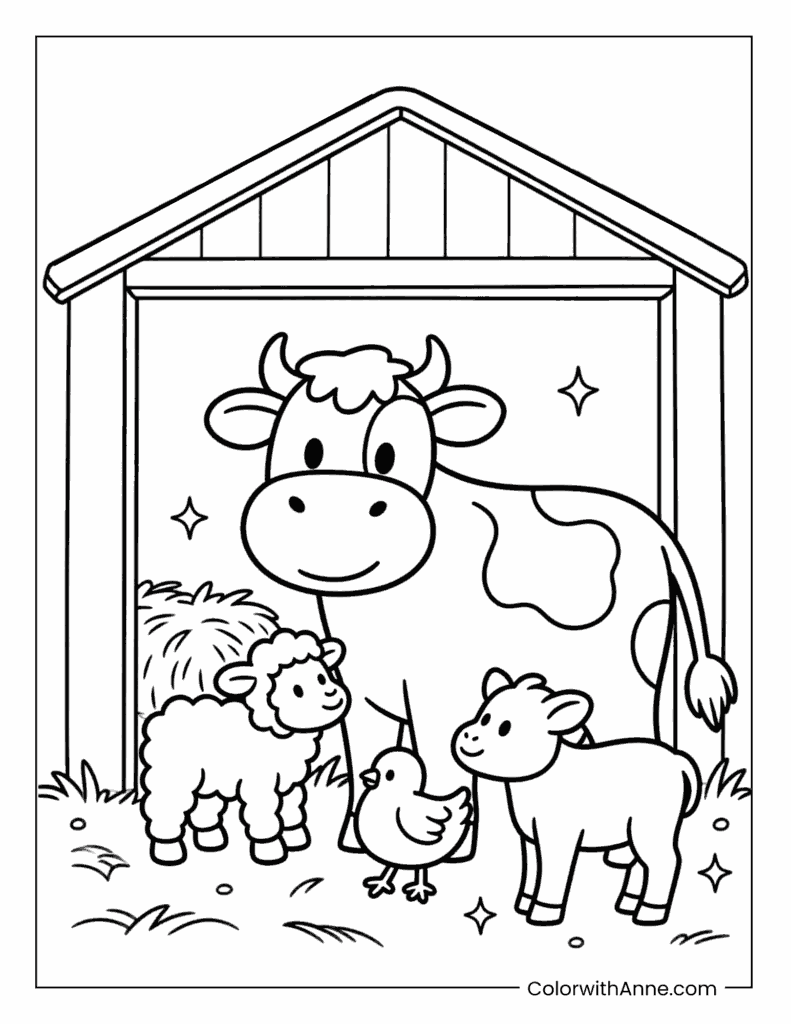 Cow with Baby Animals in a Cozy Barn Coloring Page