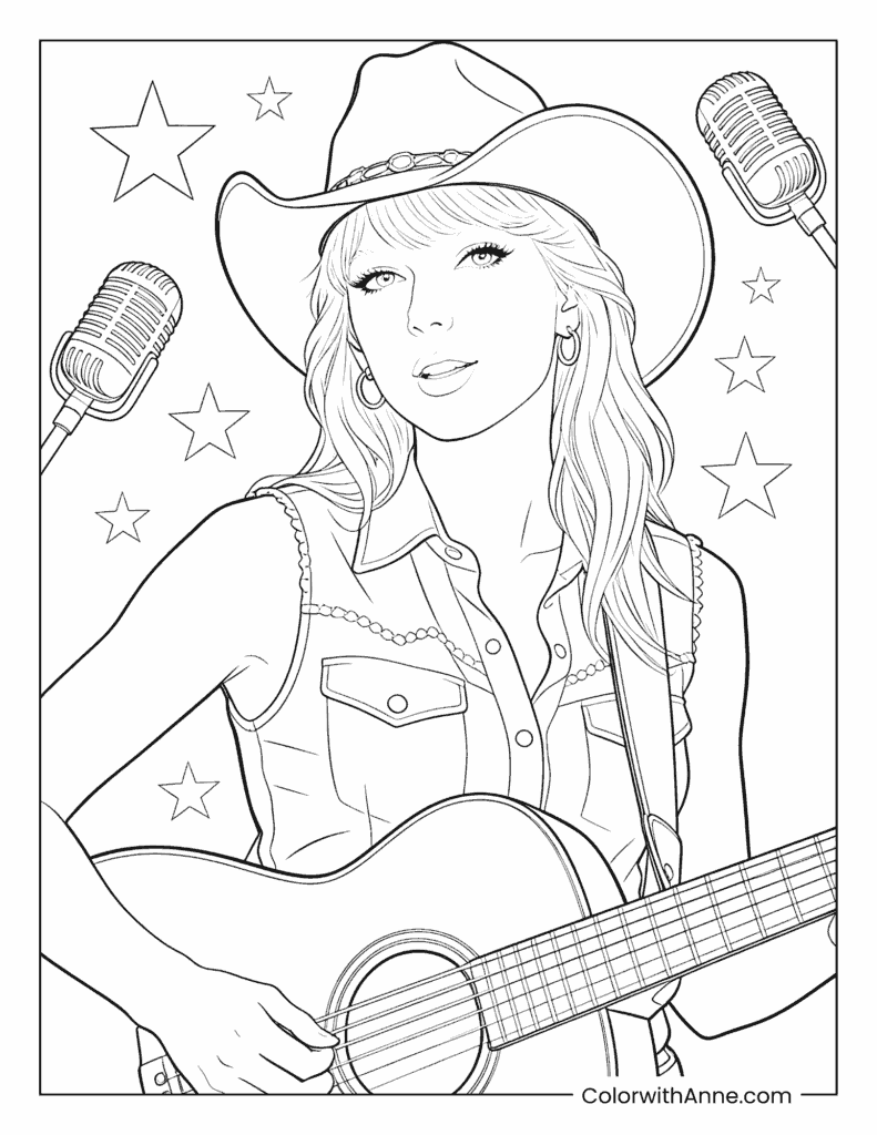 Cowboy Hat Taylor Swift with Guitar and Retro Microphones Coloring Page