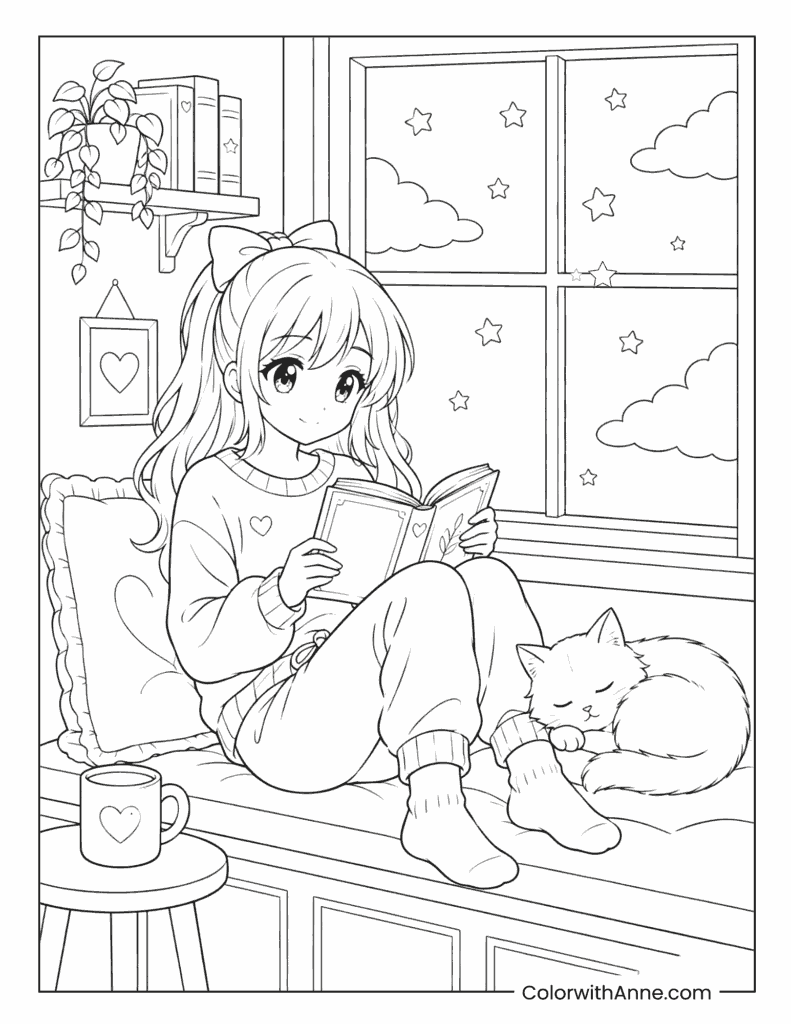 Cozy Anime Girl Reading with Cat Coloring Page