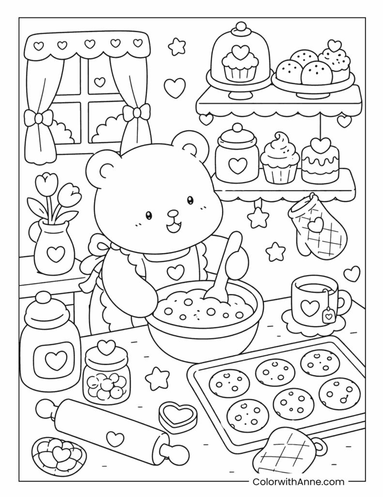 Cozy Bear Baking Sweetheart Cookies Coloring Page