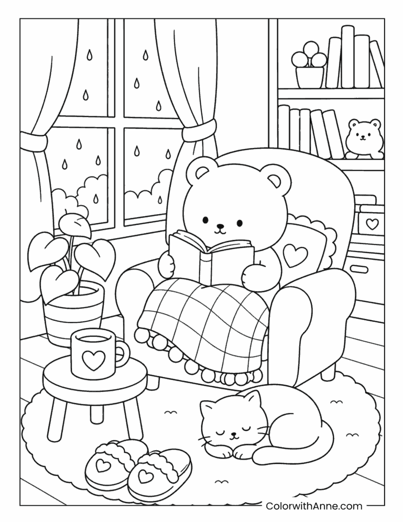 Cozy Bear Rainy Day Reading Nook Coloring Page