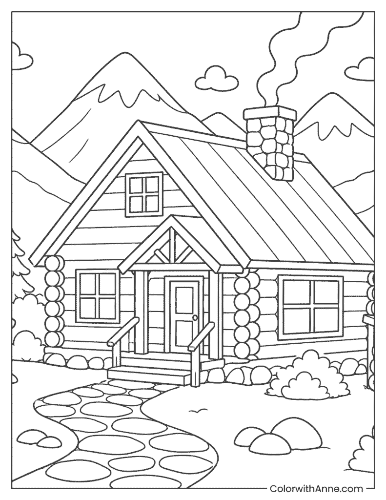 Cozy Cabin in the Mountains Coloring Page