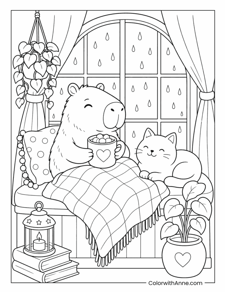 Cozy Capybara Rainy Window Coloring Page