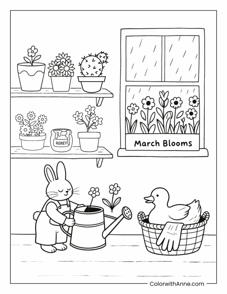 Cozy Garden Shed Interior in Early Spring Coloring Page