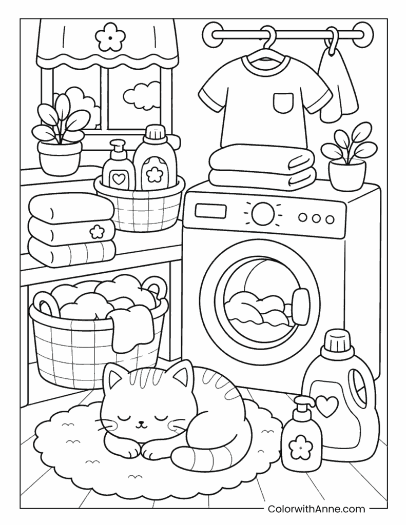 Cozy Laundry Day Catnap Coloring Page
