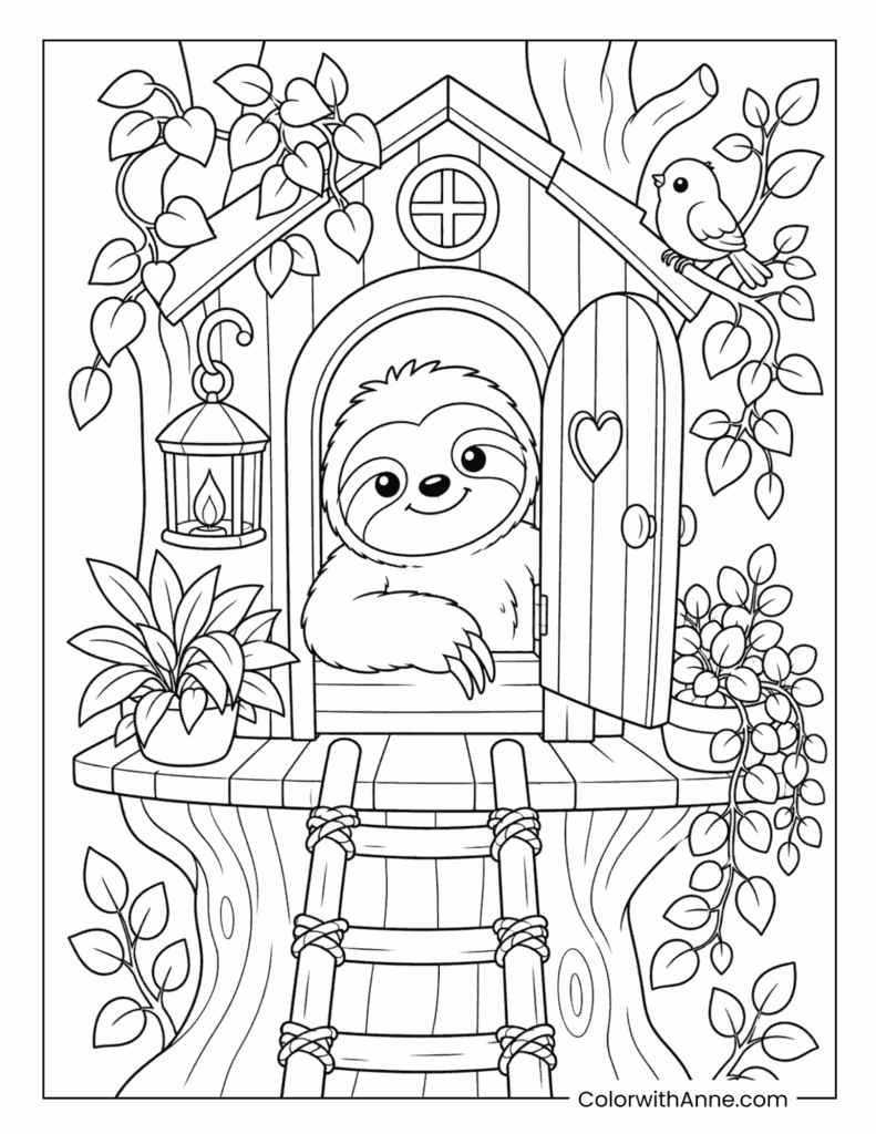 Cozy Sloth Sitting Inside a Treehouse Coloring Page