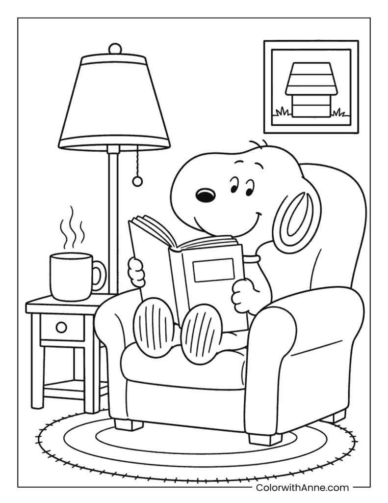 Cozy Snoopy Reading a Book in an Armchair Coloring Page