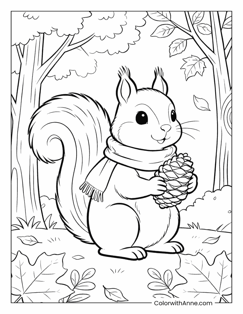 Cozy Squirrel with Pine Cone Autumn Coloring Page