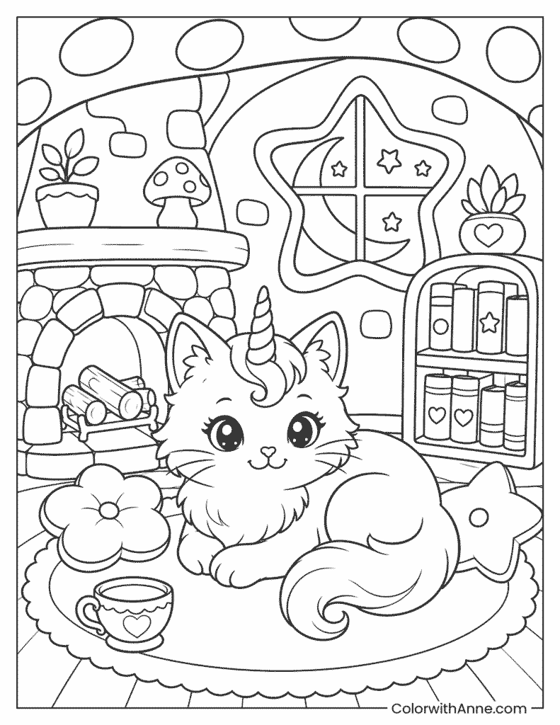 Cozy Unicorn Cat Mushroom Cottage Coloring Page