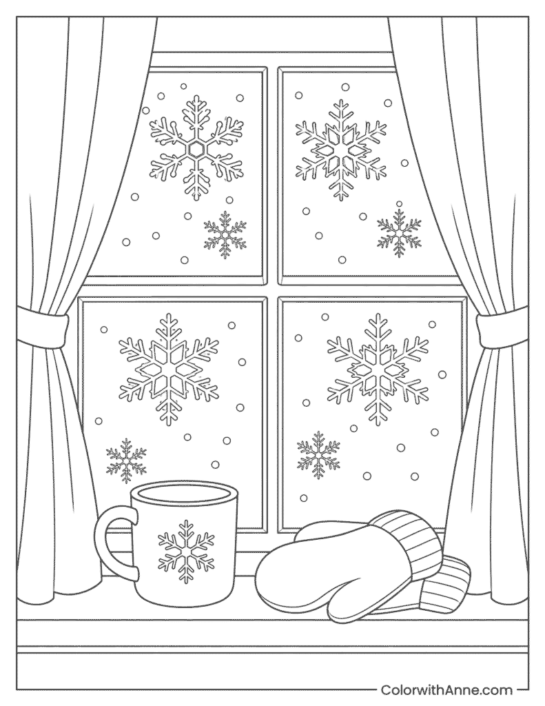 Cozy Window with Snowflakes Coloring Page