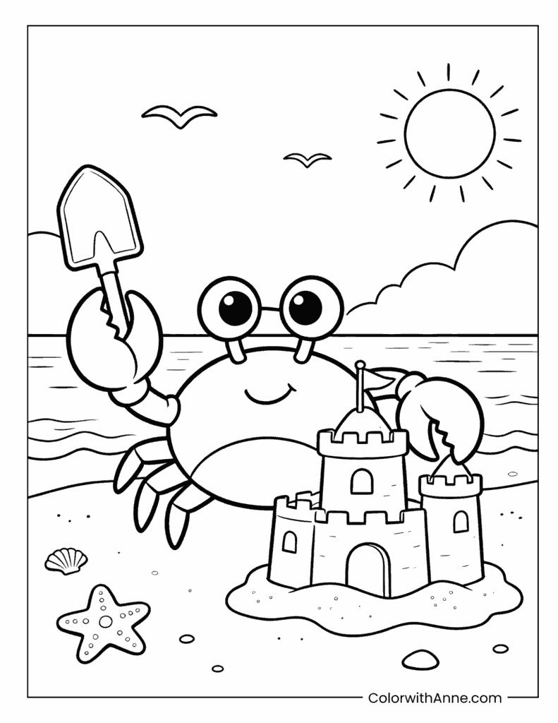 Crab Building a Sandcastle on the Beach Coloring Page