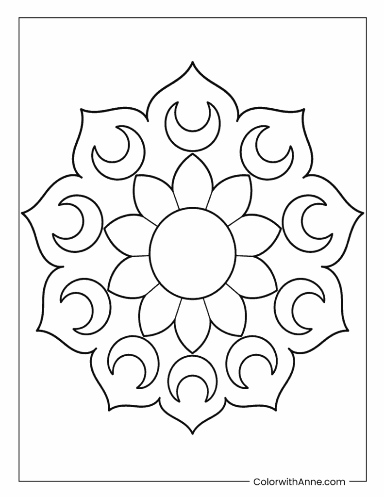 Crescent Moon Mandala With Moon Ring Coloring Page