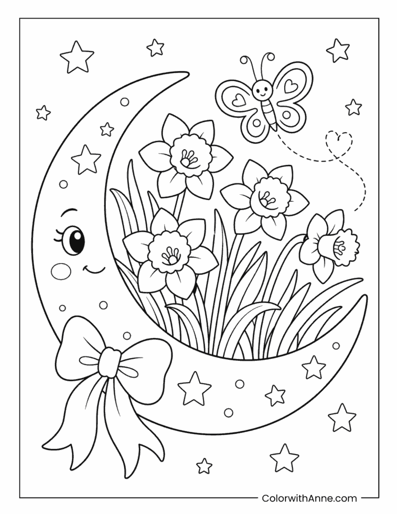 Crescent Moon with Daffodils and Butterfly Coloring Page