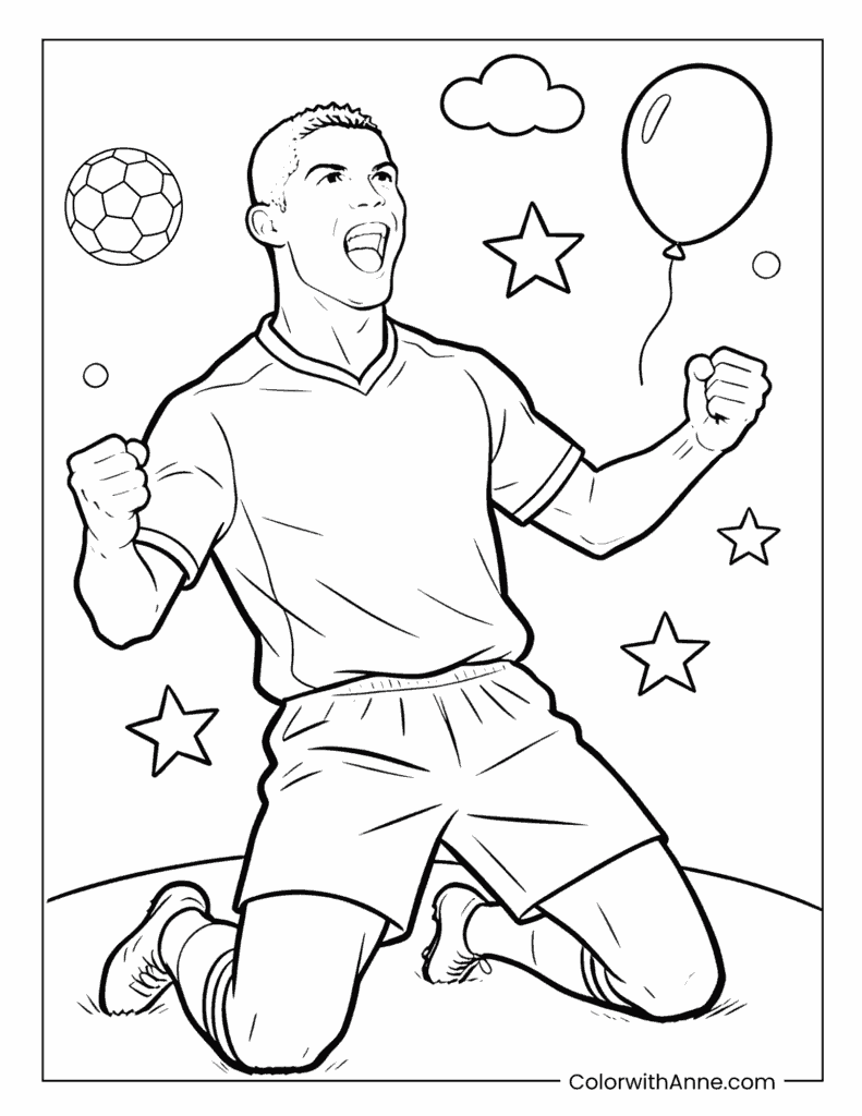 Cristiano Ronaldo Kneeling and Shouting in Victory Coloring Page