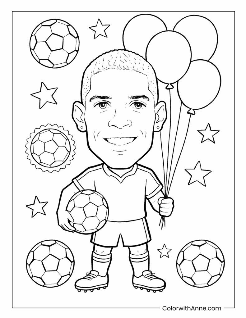 Cristiano Ronaldo with Footballs and Stars Coloring Page