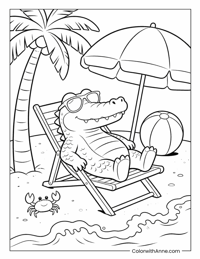 Crocodile Relaxing on a Beach Chair Coloring Page
