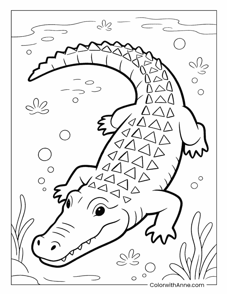 Crocodile Swimming with Bubbles and Seaweed Coloring Page
