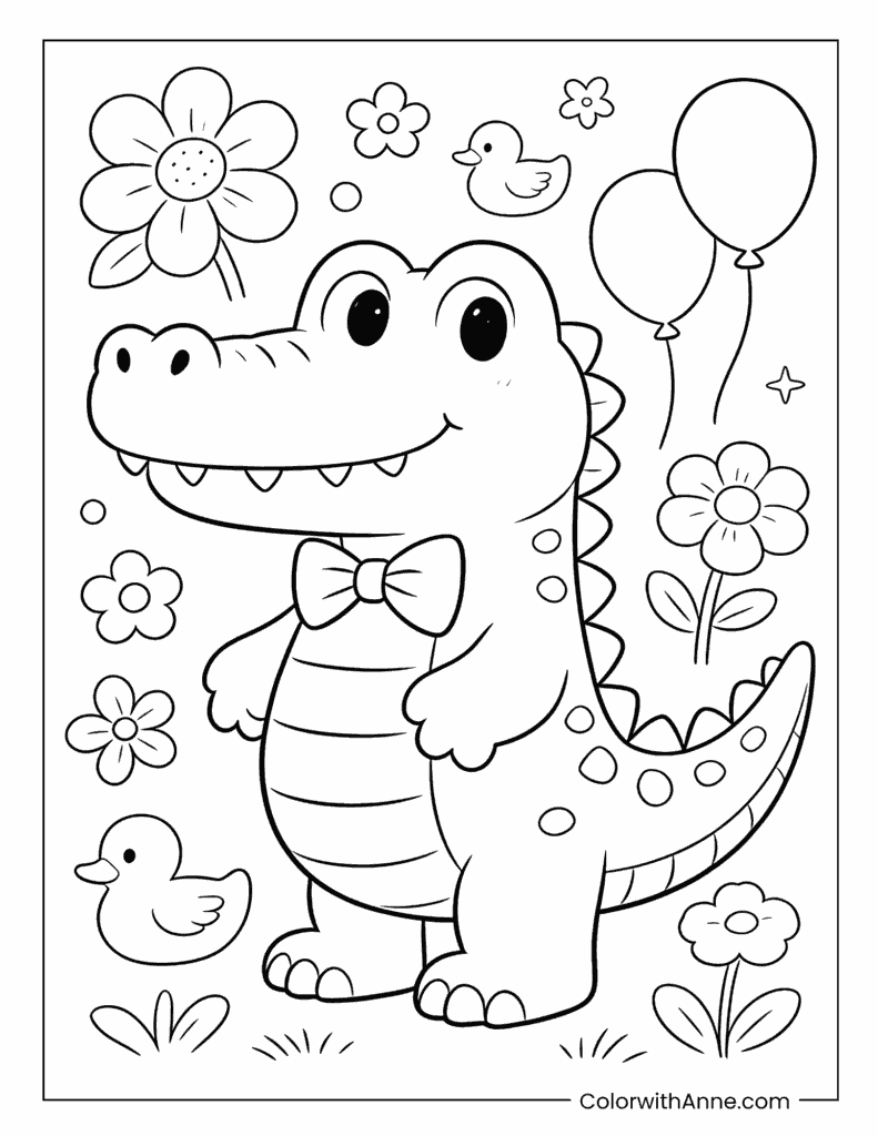 Crocodile in Bow Tie with Flowers Coloring Page