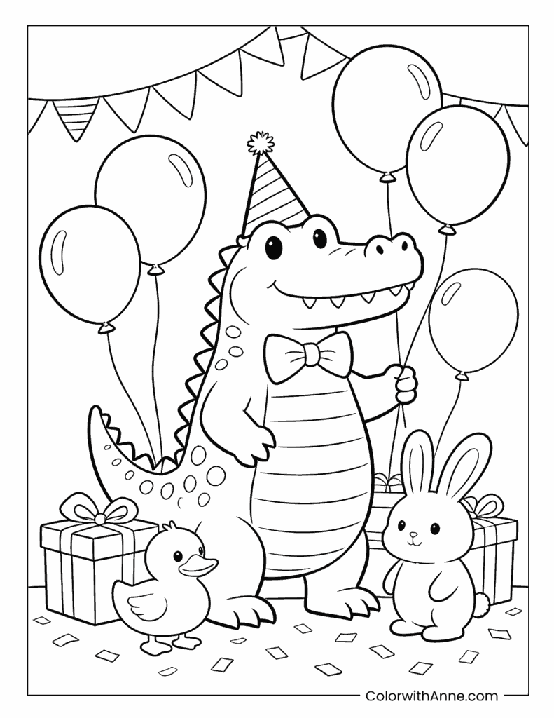 Crocodile in Party Hat with Balloons and Friends Coloring Page