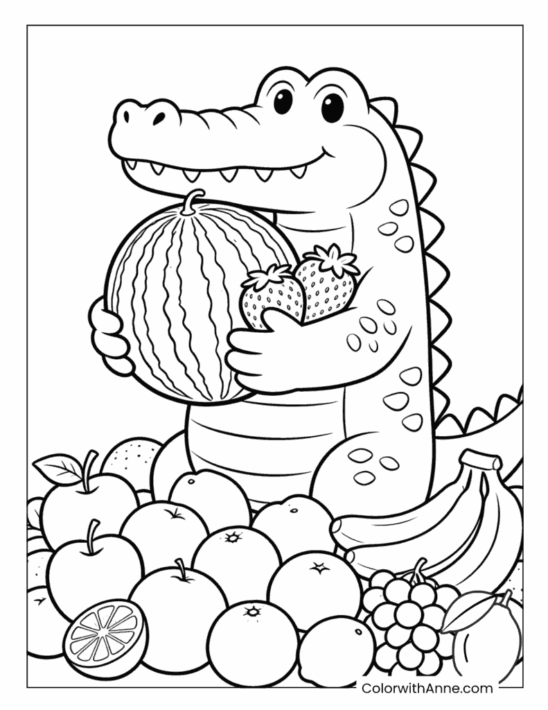 Crocodile with Fruits Coloring Page