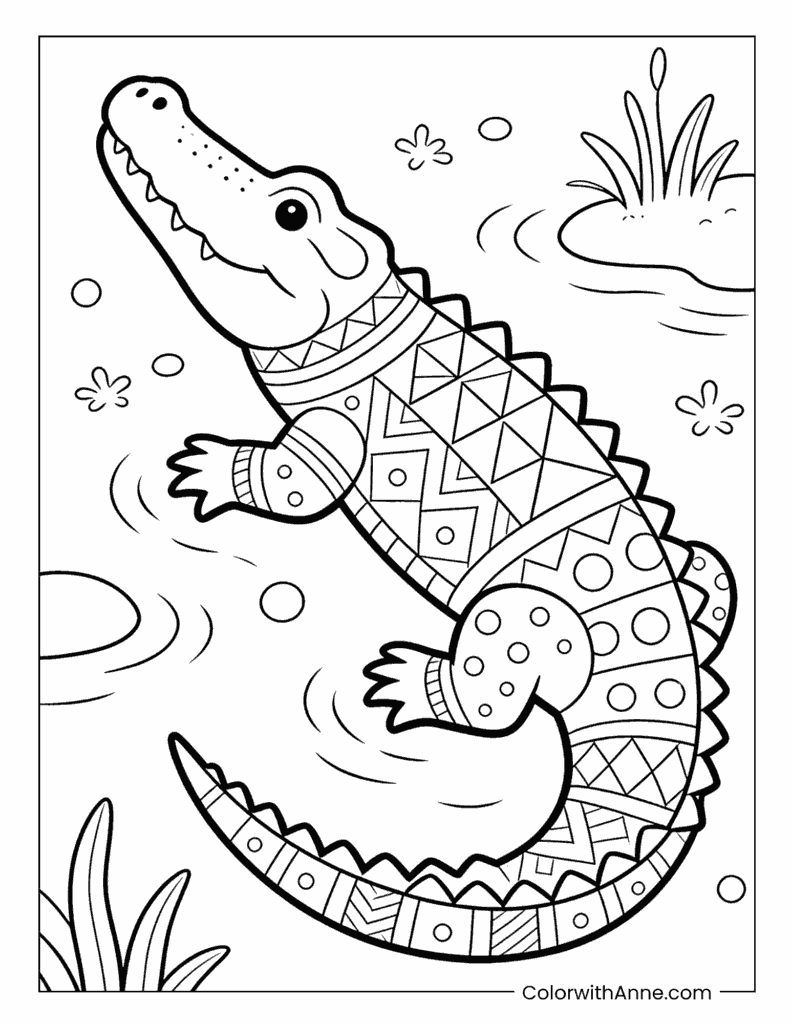 Crocodile with Geometric Patterns in the Water Coloring Page