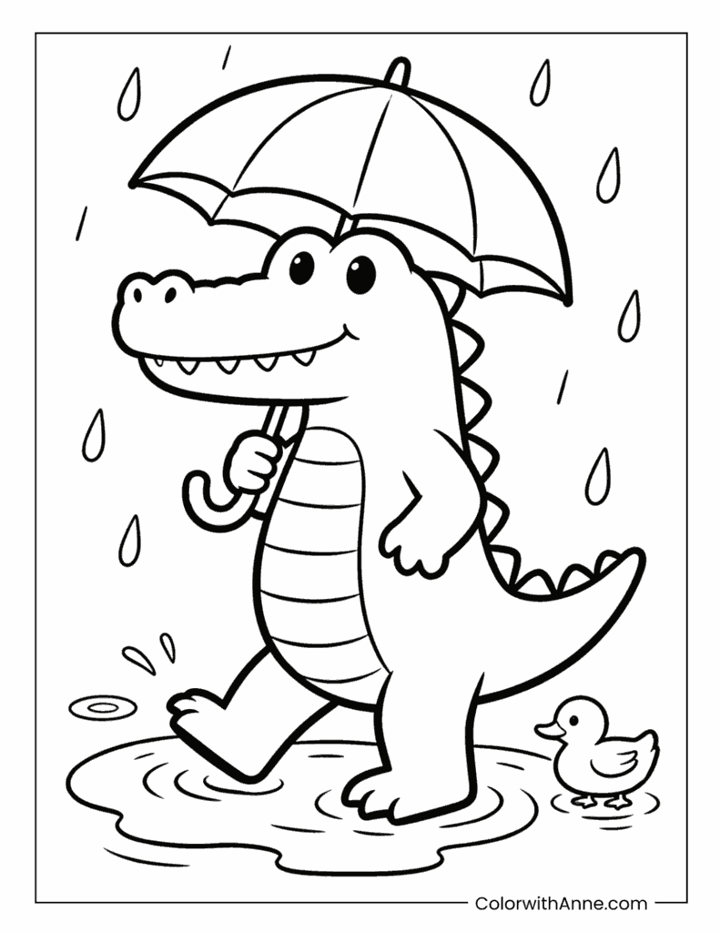 Crocodile with Umbrella in the Rain Coloring Page