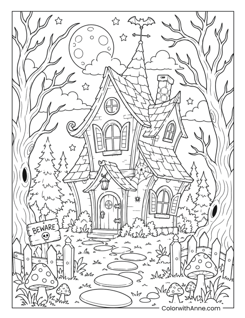 Crooked Haunted Cottage in the Woods with Beware Sign Coloring Page
