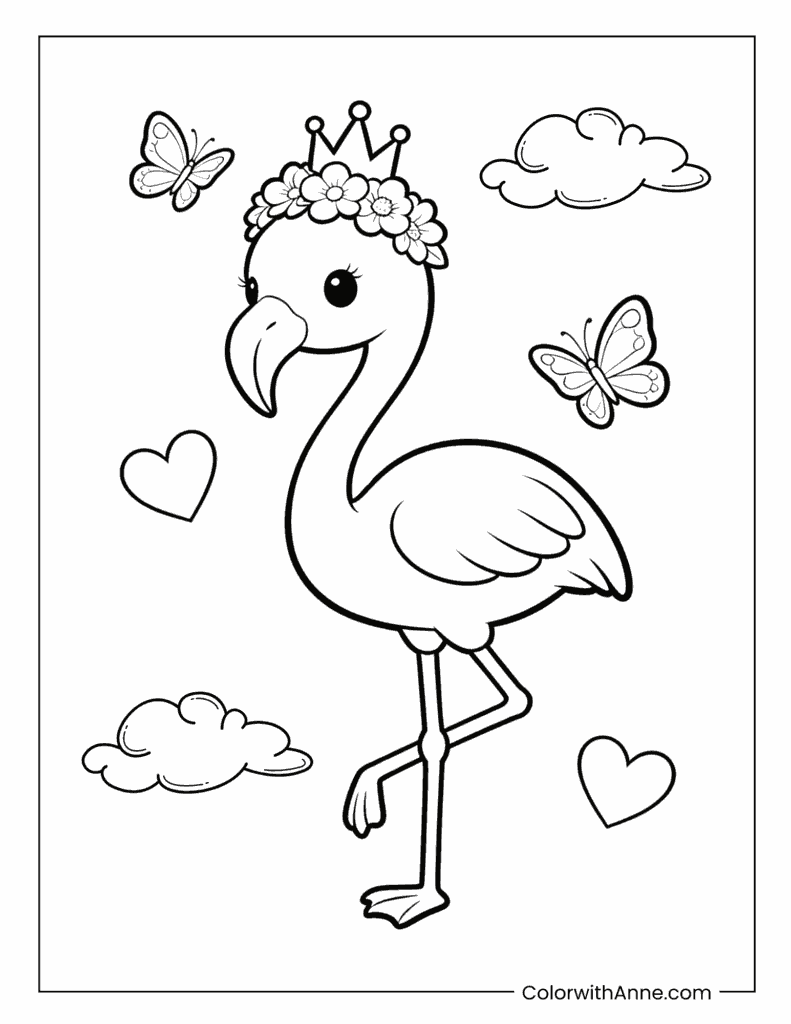 Crowned Flamingo with Hearts and Butterflies Coloring Page