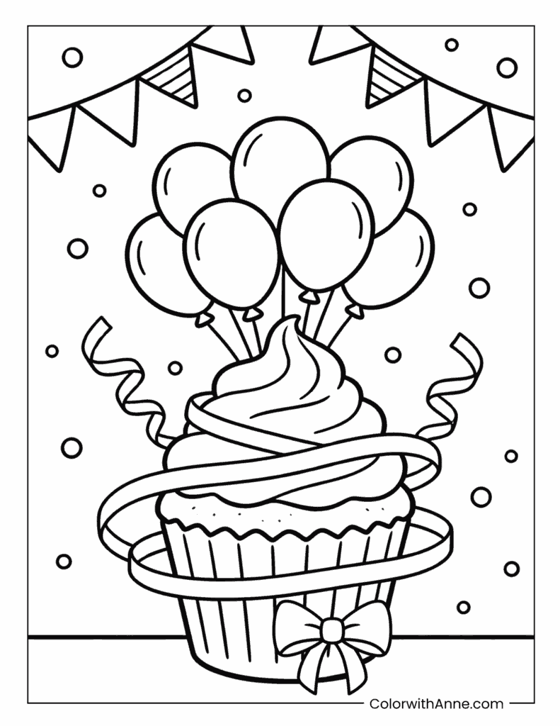 Cupcake with Balloons, Bow, and Bunting Coloring Page