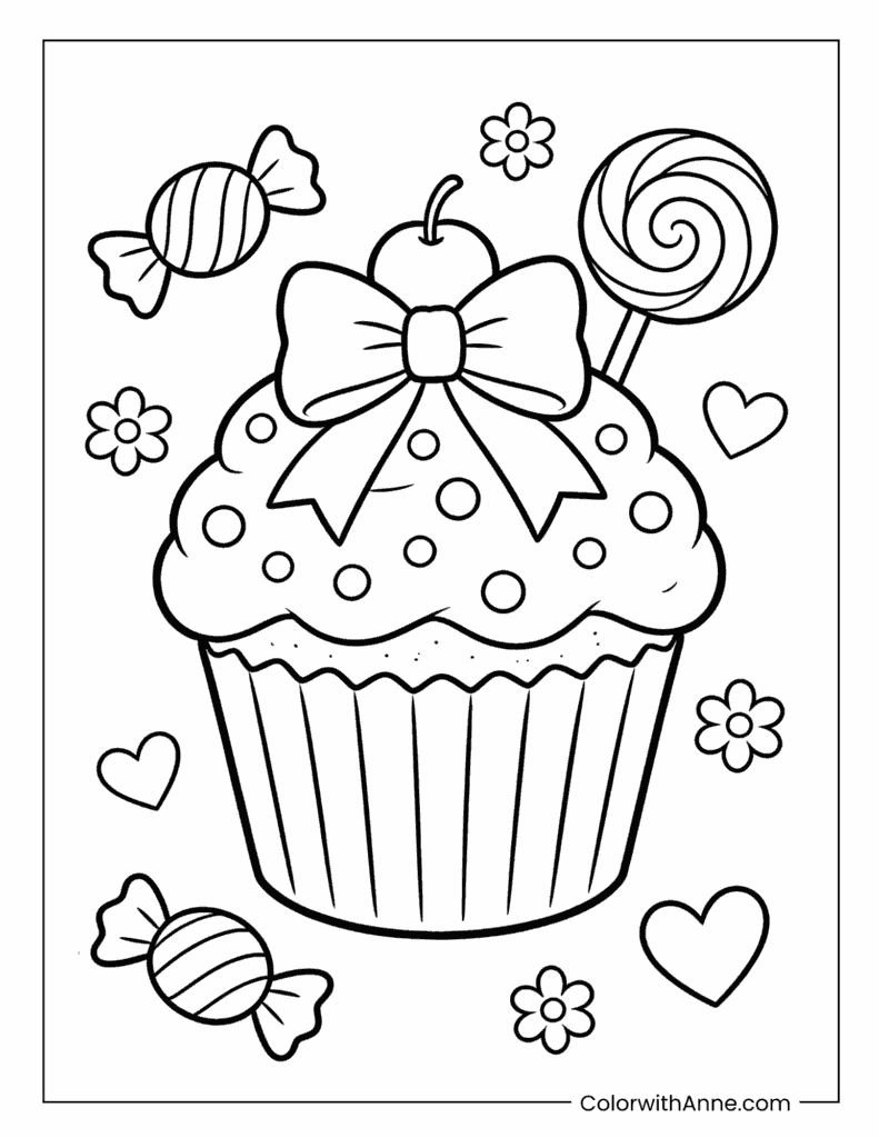 Cupcake with Bow, Cherry, and Lollipop Coloring Page
