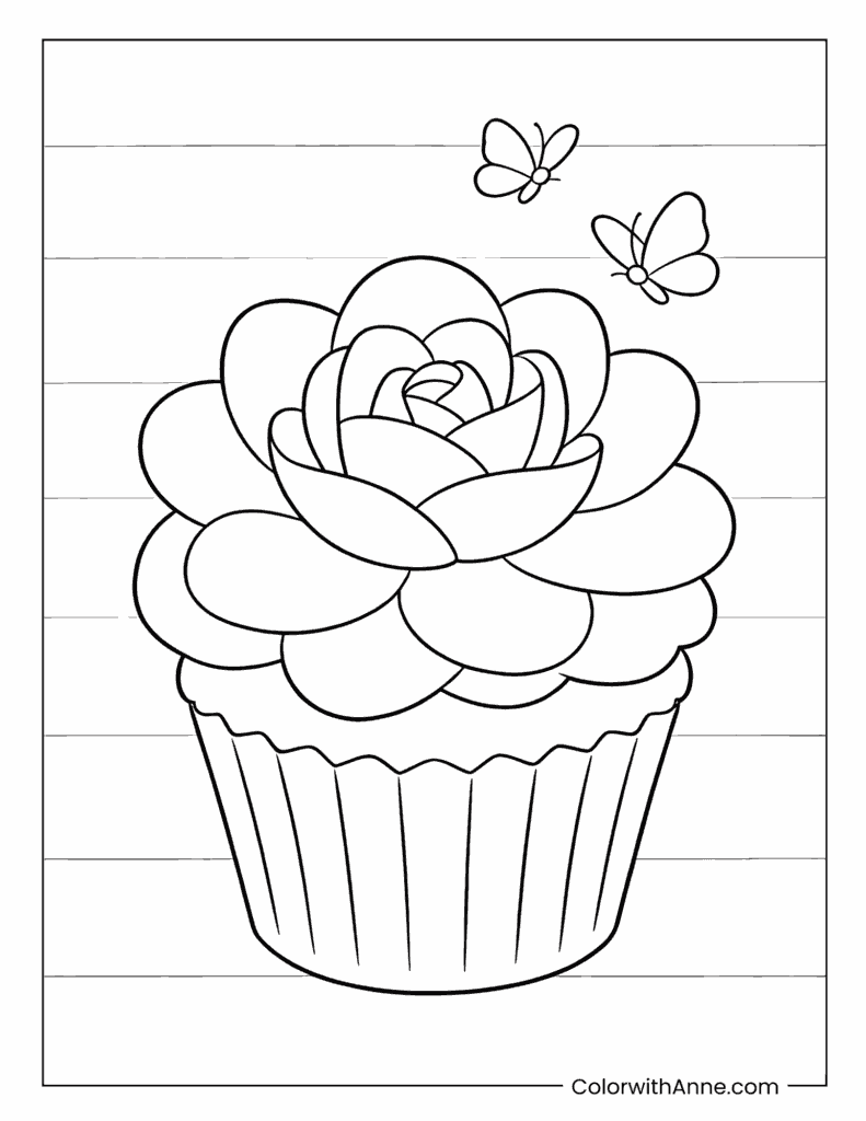 Cupcake with Rose Swirl and Butterflies Coloring Page