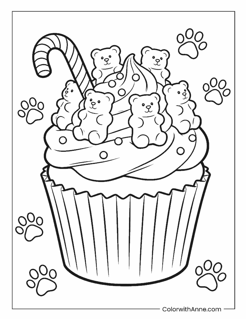 Cupcake with Teddy Bears and Paw Prints Coloring Page