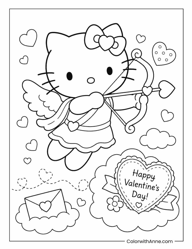 Cupid Hello Kitty Valentine's Day Card Coloring Page
