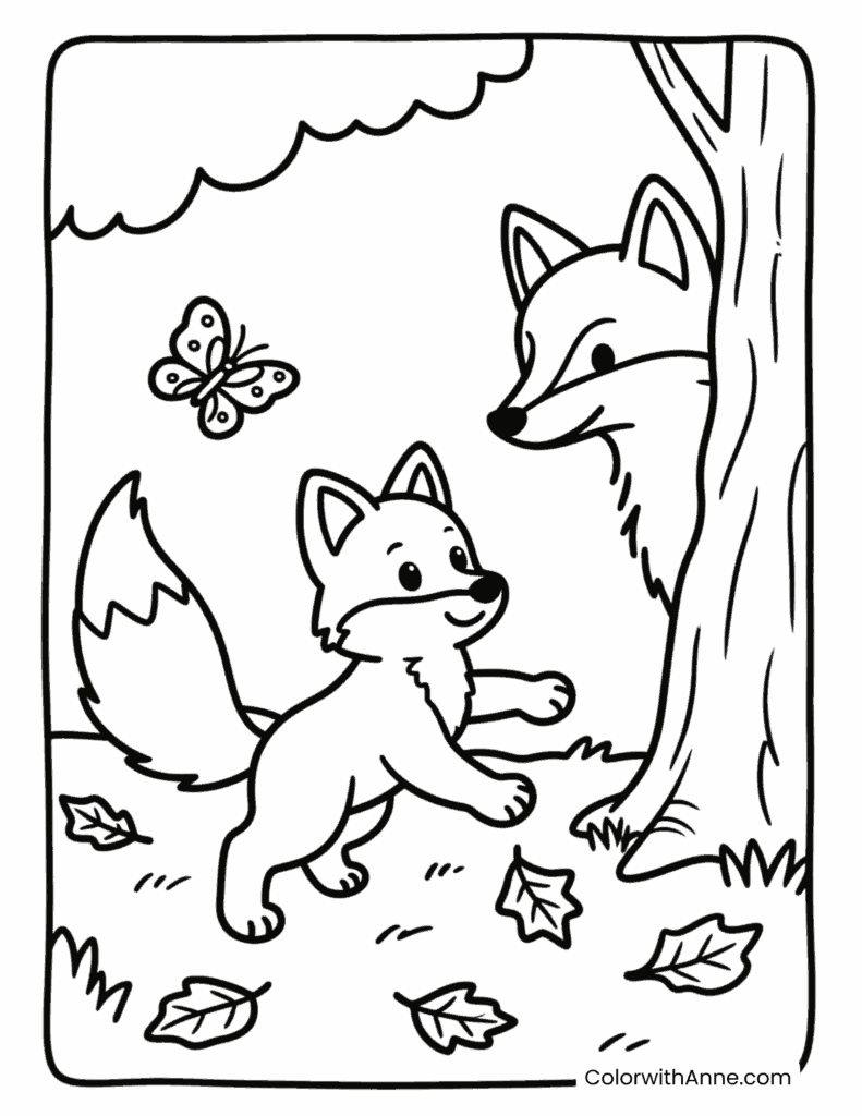 Curious Fox Cub Chasing Falling Leaves Coloring Page