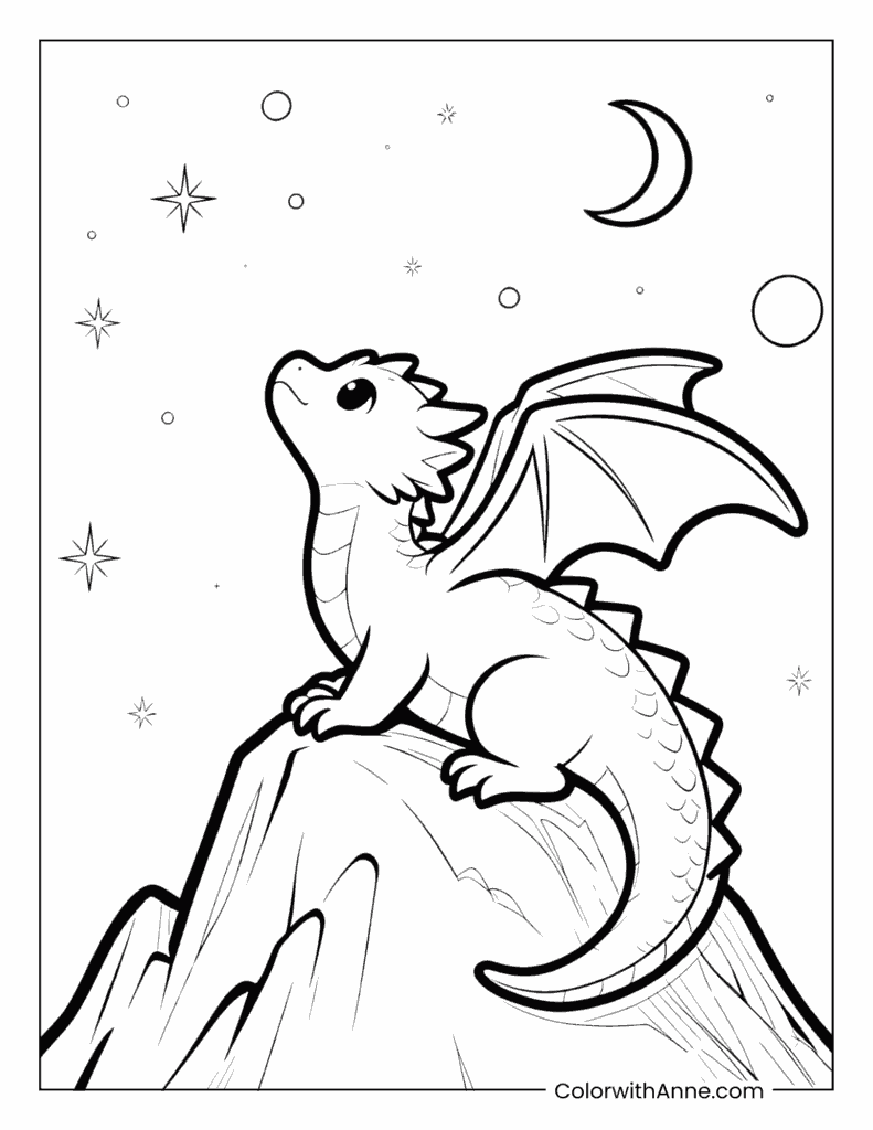 Curious Little Dragon on a Mountain Peak Coloring Page