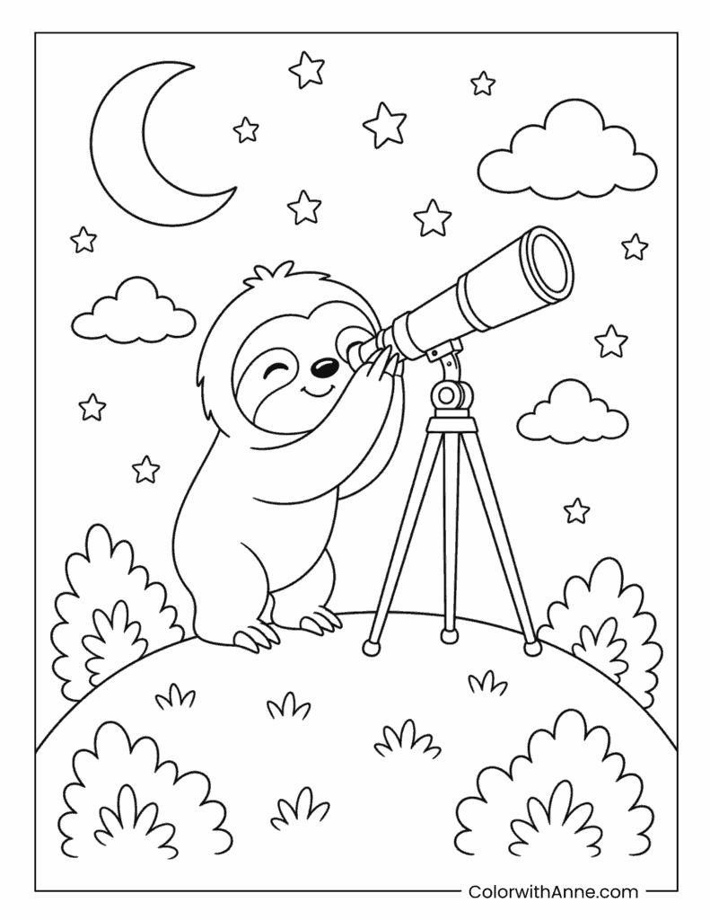 Curious Sloth Stargazing with a Telescope Coloring Page for Kids