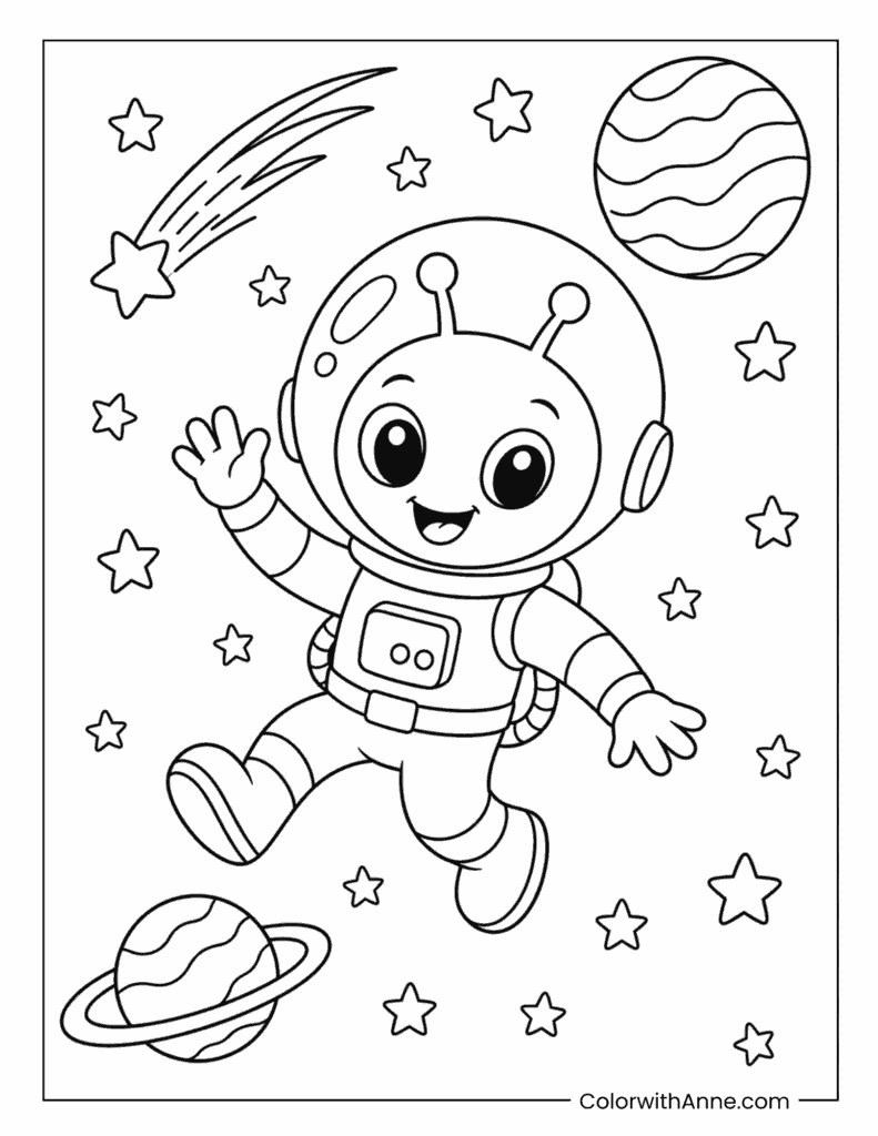 Cute Alien Astronaut Floating in Space Coloring Page