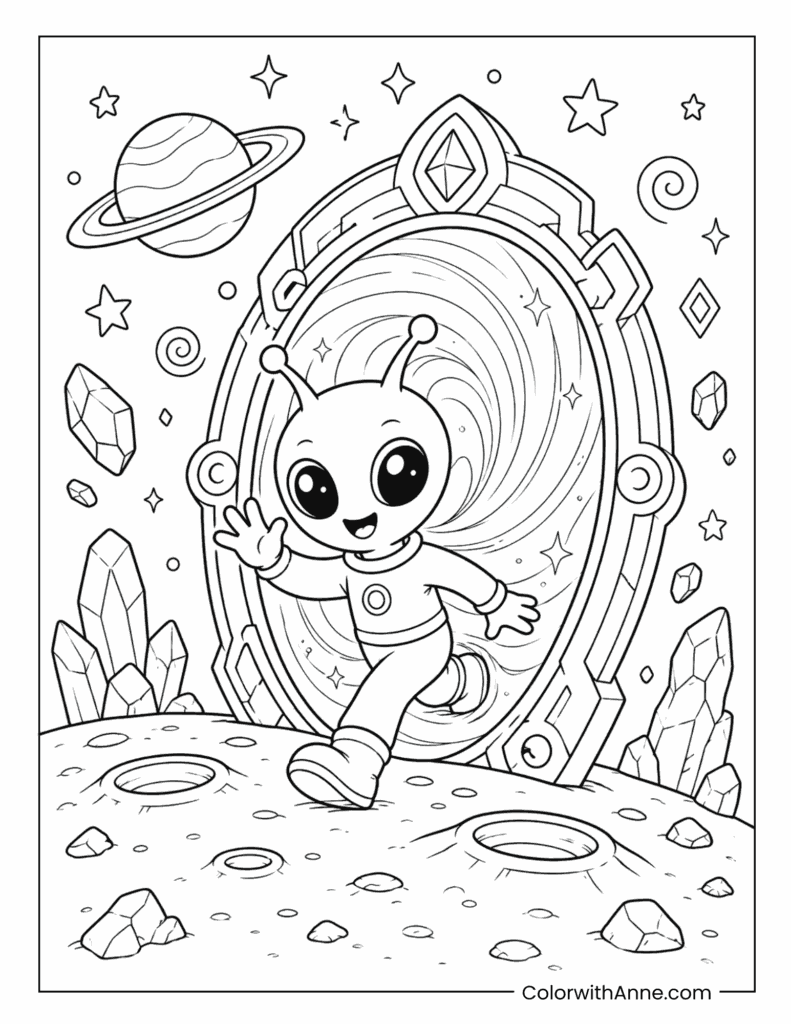 Cute Alien Stepping Through a Cosmic Portal Coloring Page