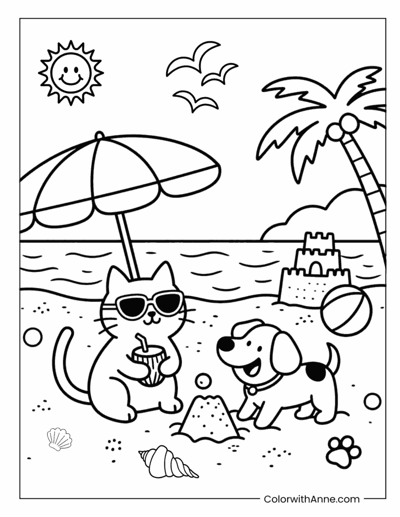 Cute Animals on a Sunny Beach Coloring Page