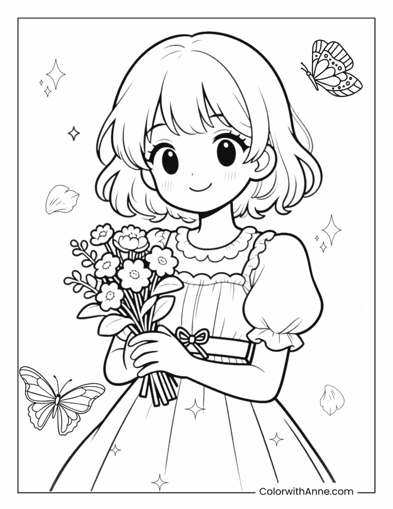 Cute Anime Girl Holding a Bunch of Flowers Coloring Page